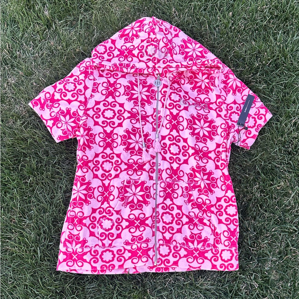 BCBG Tracksuit Trashy Y2K short 2000s Statement Pattern Hot Pink Terry Cloth Set - Picture 3 of 9